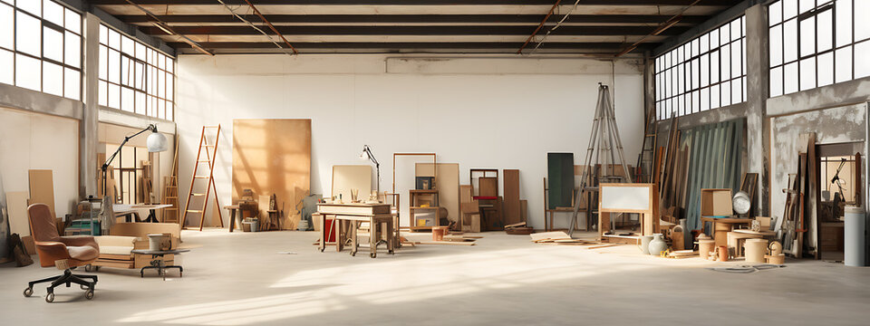 A spacious, sunlit artist's studio with wood, white, and grey elements, evoking creativity, inspiration, and the process of artistic creation. 
