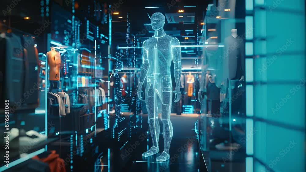 Poster a fullbody holographic mirror standing in a retail store allowing customers to virtually try on outf
