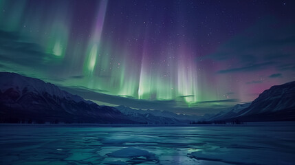 Naklejka premium Aurora curtains, with green and purple lights hanging in the night sky, Ai generated Images