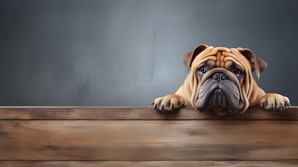 A bulldog peers over a wooden plank.
