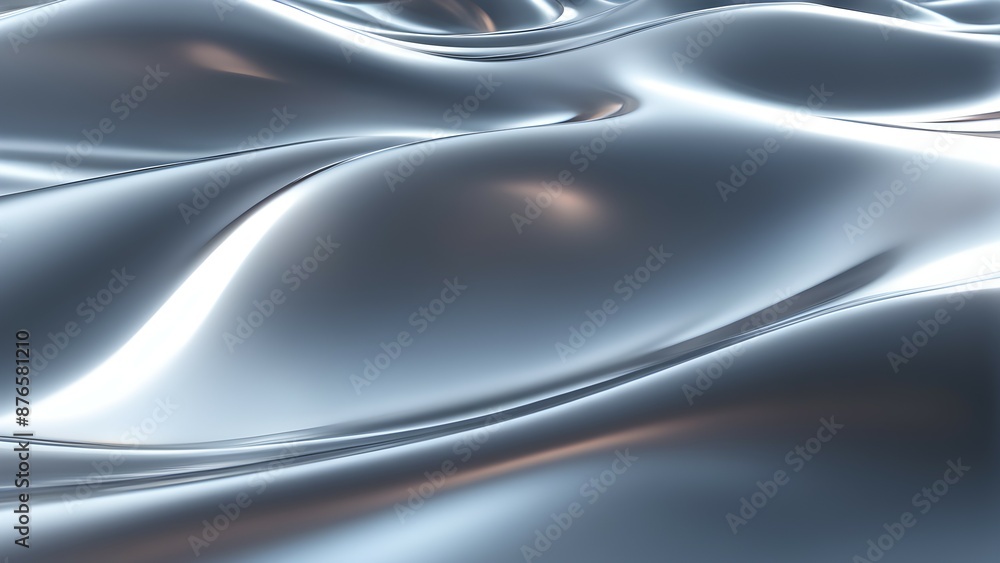 Poster abstract 3d rendering of a smooth, liquid-like silver surface with soft lighting and gentle waves.