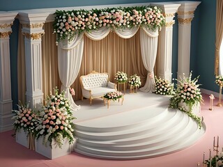 Elegant wedding ceremony setup with white flowers, a white sofa, and a curved staircase.