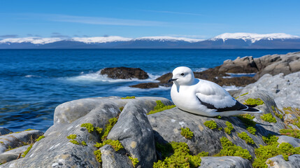 White bird with black accents perched on a rocky shore, blue ocean, green moss, snowy mountains, summer wildlife photography. 
