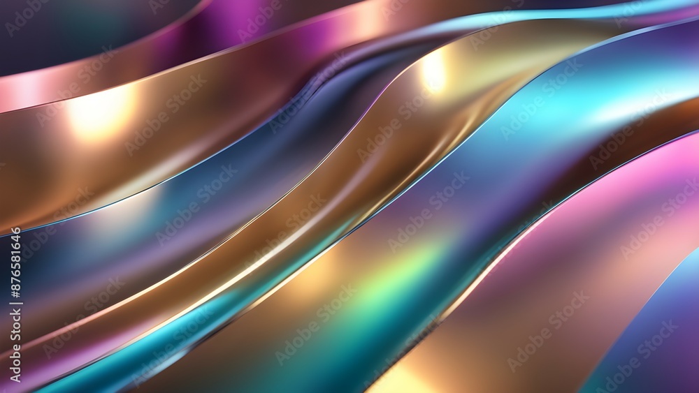 Poster colorful abstract 3d rendering of wavy iridescent metallic surface with smooth fluid-like motion