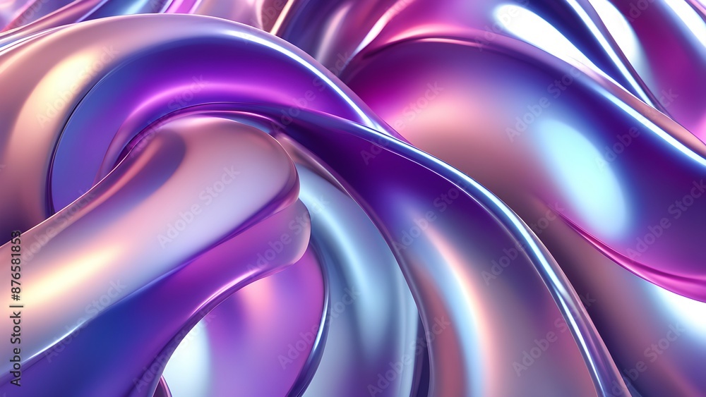 Poster abstract 3d rendering of intertwined iridescent metallic ribbons with a glossy surface reflecting li