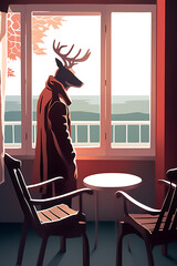 Deer-headed man in coat, by window, contemplating landscape.
