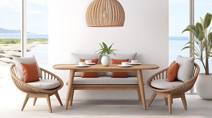 Fototapeta premium Coastal living room interior design with natural light, light wood, and orange accents, perfect for summer vacation. 
