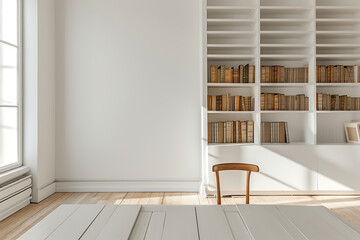 White room with bookshelves and a wooden table.
