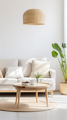 A light and airy living room with a white sofa, wooden coffee table, and a woven pendant lamp, creating a cozy and inviting atmosphere. 
