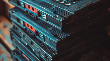 A stack of vintage video cassettes in black, red, and blue, showcasing nostalgic memories and the evolution of technology. 
