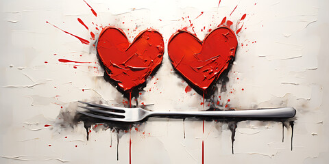 Abstract red hearts, silver fork, white background,  impassioned love,  romantic Valentine's Day. 