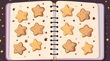 Cute  star-shaped cookies in a notebook,  yellow, brown, and white,  perfect for Christmas baking. 