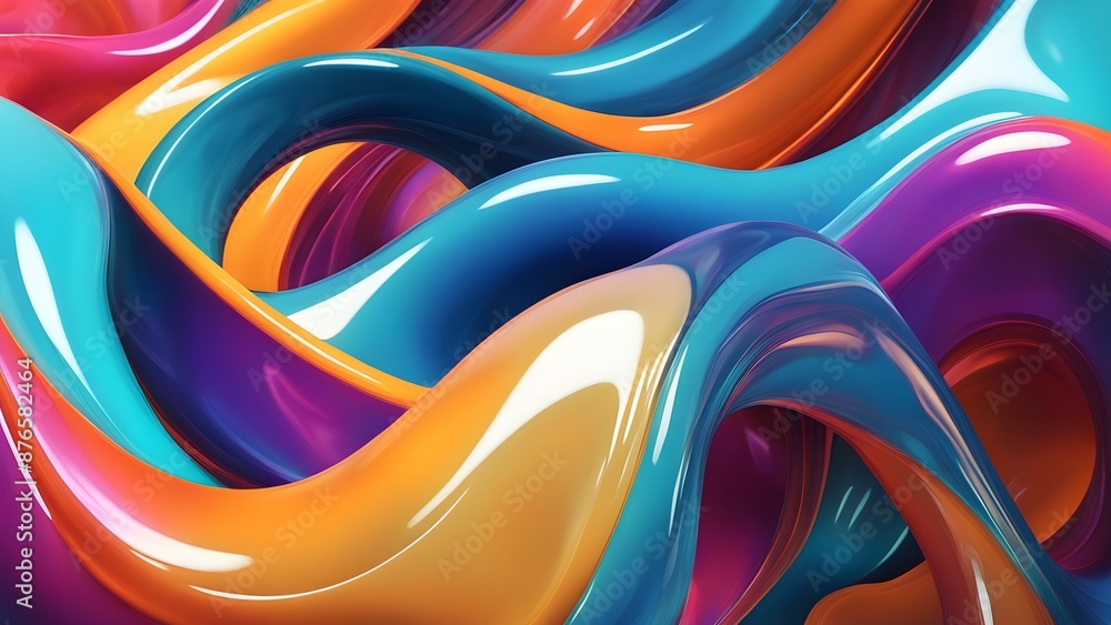 Poster multicolored glossy abstract shapes with smooth curves and vibrant reflections