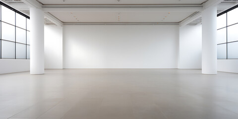 Empty white room with grey floor, white columns, and a window, minimalist design, clean and modern, perfect for showcasing products or art. 
