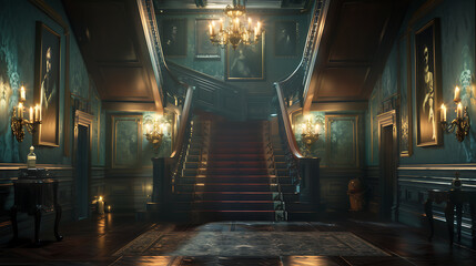 Grand, dark staircase in a stately home, shrouded in shadows and antique elegance.
