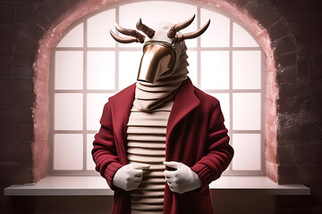 A mysterious figure, wearing a red coat, gold mask, and white gloves, stands in a window, conveying a sense of intrigue and anticipation. 
