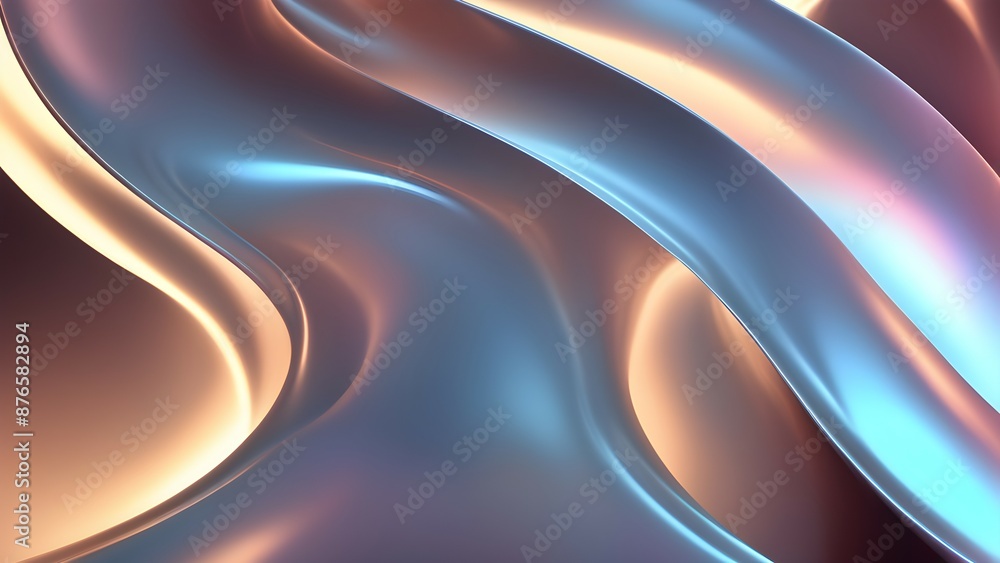 Poster abstract 3d rendering of a smooth, flowing metallic surface with a pearlescent sheen and glowing edg