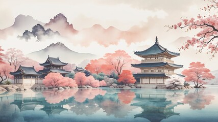 japan landmark,vintage watercolor style.