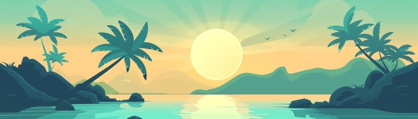 Obraz premium Serene tropical sunset illustration with palm trees and tranquil water, capturing a peaceful island evening scene.