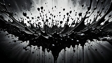 Dark viscous fluid droplets suspended in mid-air against a glowing backdrop