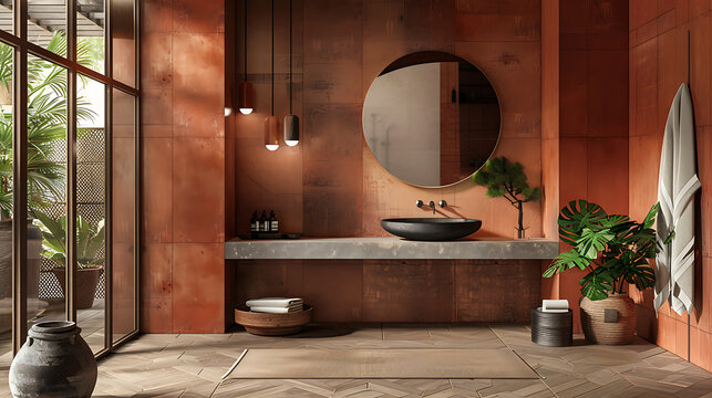 Modern bathroom interior design with terracotta, black, and green tones, evoking a sense of tranquility and luxury. 
