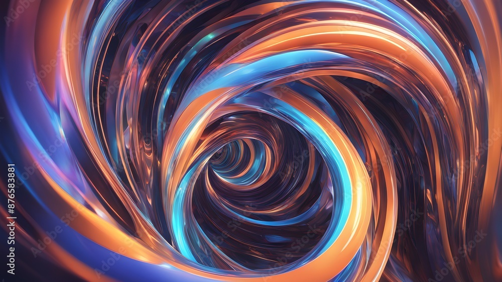 Poster abstract 3d rendering of a glowing blue and orange vortex tunnel with a dark center.