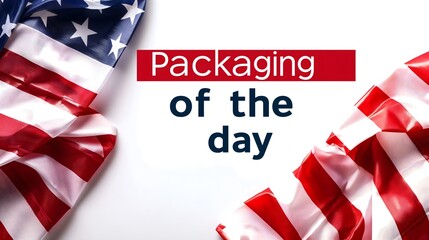 A red, white, and blue American flag with the words "Packaging of the Day" written below it. The flag is positioned in the center of the image.