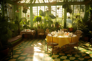 A sunny breakfast in a green conservatory with yellow tablecloth and wooden chairs, perfect for a relaxing morning. 
