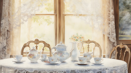 Elegant teacups and teapot on a lace tablecloth, white, blue, and gold, vintage style, evoking a sense of tranquility and nostalgia, perfect for a spring afternoon. 
