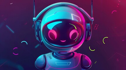 Fototapeta premium AI robot bot. Chat, chatbot technology, 3d artificial icon, GPT customer service, support character face, human intelligence. Cyborg, headphones, speech bubble. Vector customer app laptop illustration