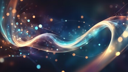 Fototapeta premium Glowing neon light wave with vibrant particles on dark blue background