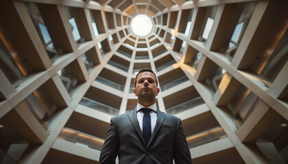 A man in a suit stands under a modern, architectural dome with sunlight streaming through, symbolizing success and ambition