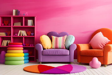 Colorful furniture and playful decor in a pink room, perfect for a child's bedroom or playroom. 