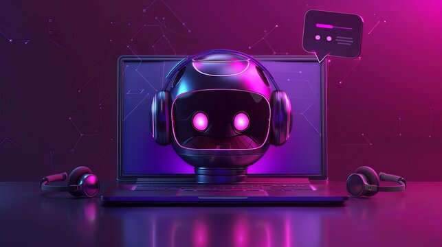 AI robot bot. Chat, chatbot technology, 3d artificial icon, GPT customer service, support character face, human intelligence. Cyborg, headphones, speech bubble. Vector customer app laptop illustration