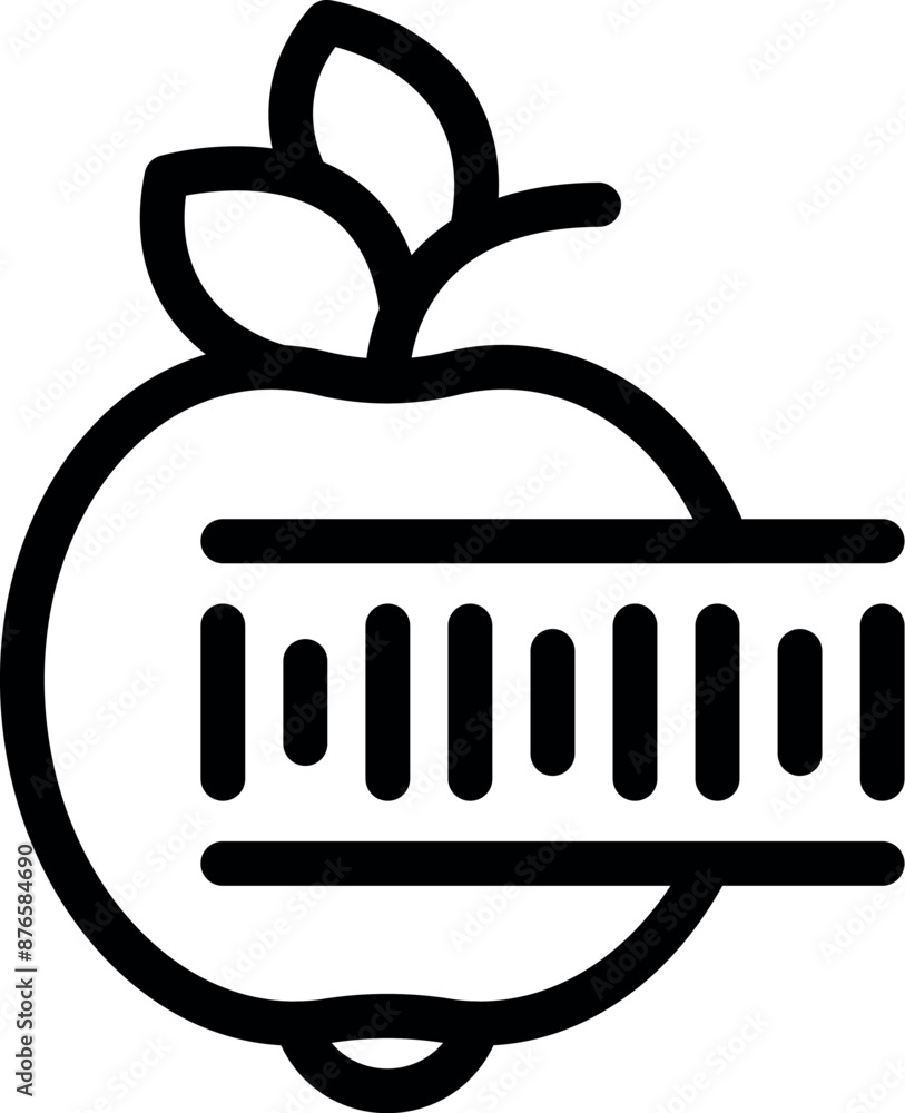 Poster line art icon of an apple being scanned, representing traceability and information access in the foo