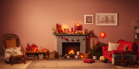 Cozy Christmas living room with a fireplace, decorations, and a red couch. Warm holiday ambiance.
