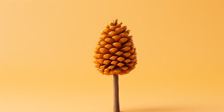 A single orange pine cone on a stick, against a yellow background, evokes autumnal warmth and nature's beauty. 
