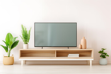 A flat-screen TV sits atop a light-wood media console, in a minimalist living room setting.
