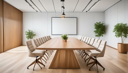 Fototapeta premium A contemporary meeting space featuring a long wooden table, minimalist white chairs, a wall-