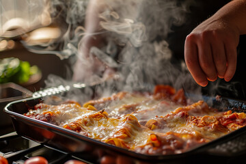 Enchiladas being served from baking dish, steam visible, action shot, Nikon D850, 50mm f/1.4 lens, soft light filter