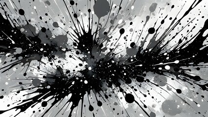 Black and white abstract painting with a burst of ink splatters