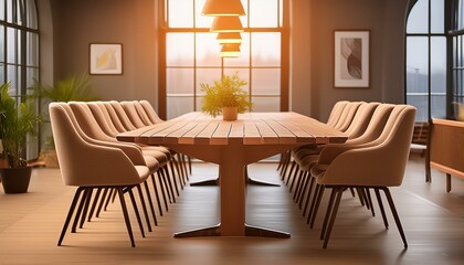 Obraz premium A cozy conference room with a wooden round table, plush navy blue chairs, and warm lighting