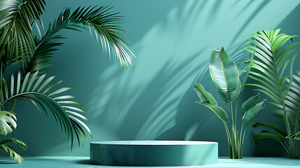 Fototapeta premium Tropical leaves, green platform, teal background, minimalist, product display, summer, promotion. 