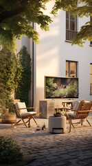 Fototapeta premium Relaxing outdoor patio with wooden chairs, a TV, and a white ottoman, perfect for a cozy evening in the summer. 