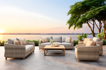 Relaxing wicker furniture on a patio overlooking a lake at sunset, with beige, brown, and white colors, evokes peace and tranquility for outdoor living. 
