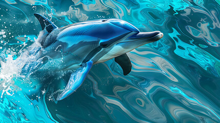 Fototapeta premium A blue, white, and grey dolphin leaps through turquoise water, evoking a sense of freedom and joy, perfect for summer vacation and travel themes. 