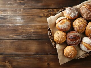 Assorted bread rolls on a wooden table, text space