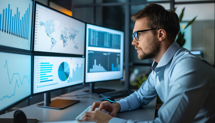 Fototapeta premium A man working at a desk with multiple monitors displaying data and charts, focused on analysis and technology