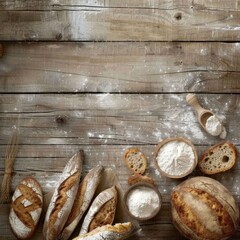 Bread and flour on a weathered wooden table, copy space