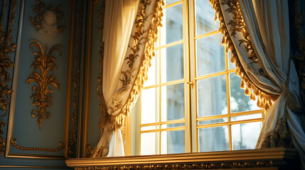 Sunlight streams through ornate window draped in cream and gold curtains. A grand room with gilded details.
